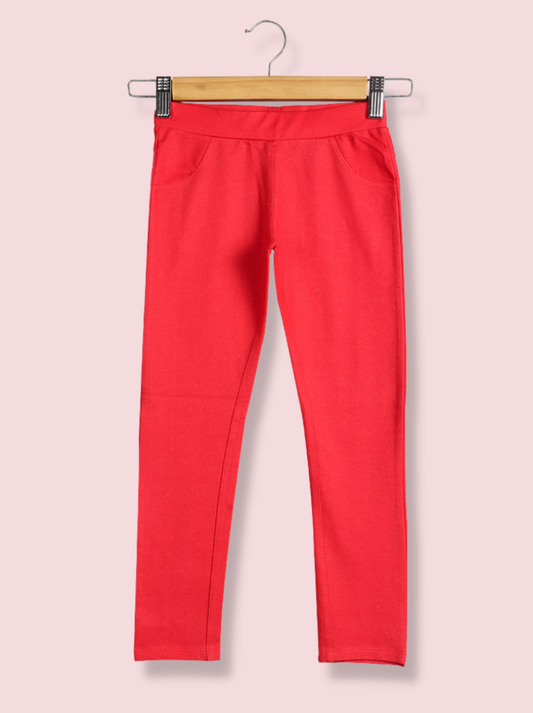 Kids Red Cotton Lycra Solid Pant