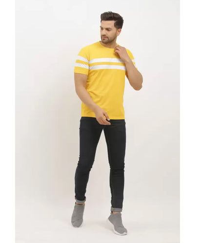 J&JP Men Striped Round Neck Cotton T-shirt - Yellow