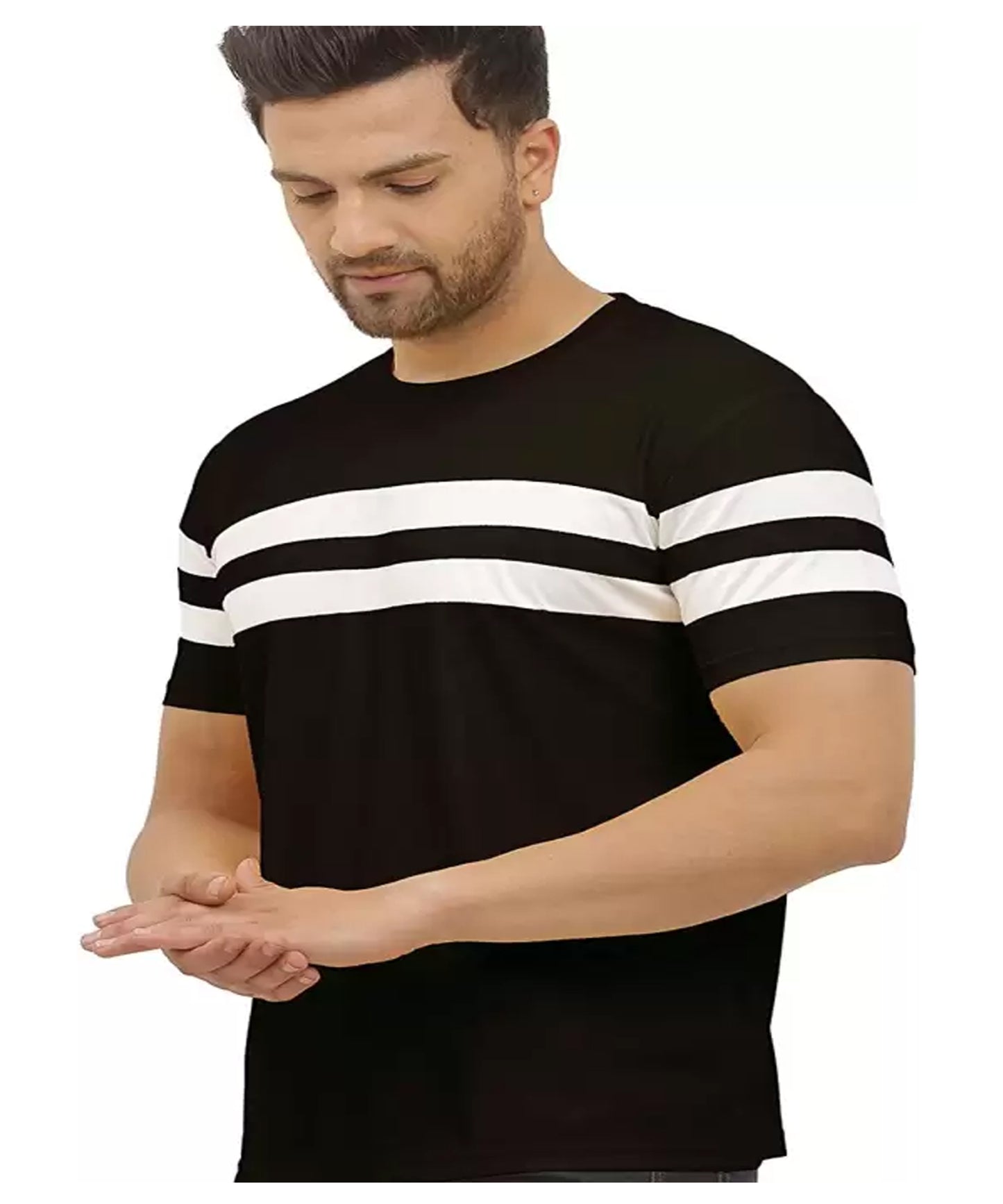 J&JP Men Striped Round Neck Cotton T-shirt - Black