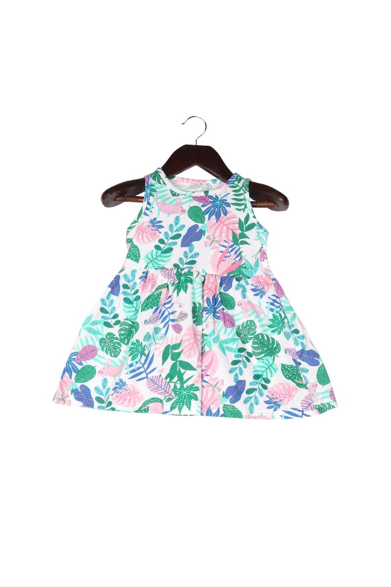 Babies Round Neck Floral Print Green, White Dress