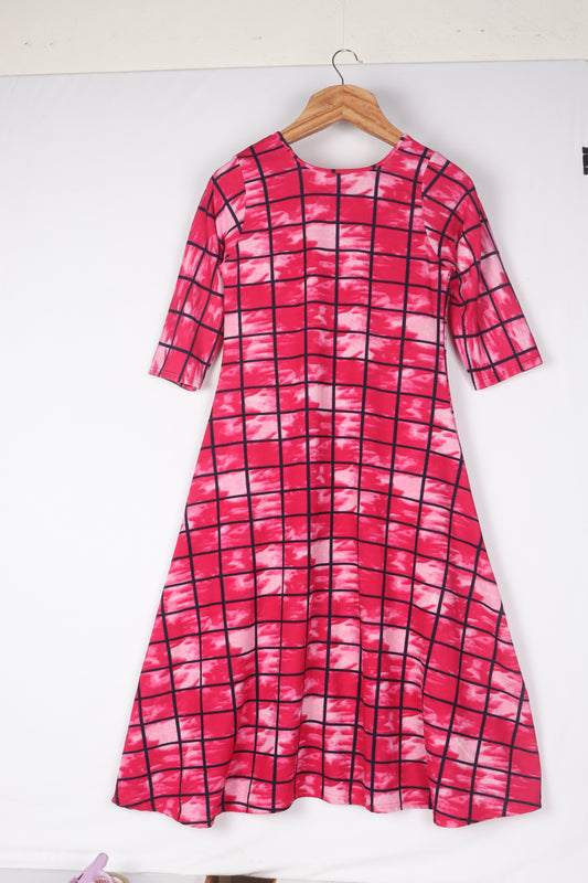 Women Pink Three Quarter sleeve Checkered, Dyed Polyester jersey Dress