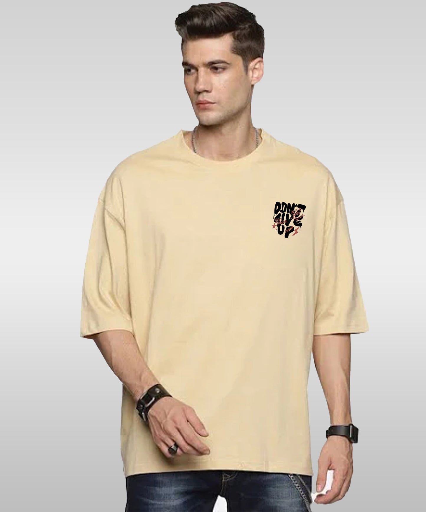 J&JP Men Oversized Back Printed T-Shirt-Beige