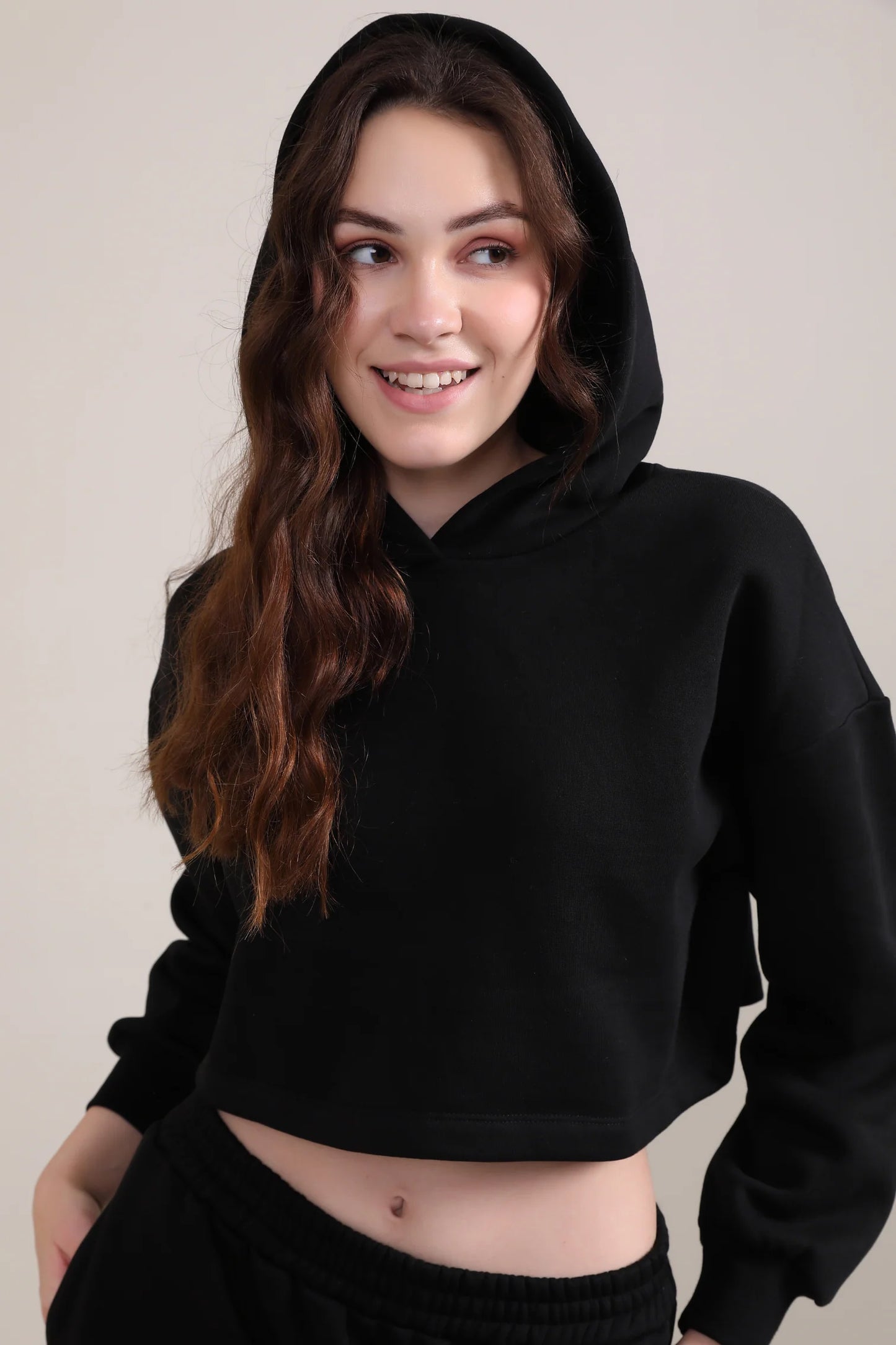 J&JP Women's Full sleeve Cotton Crop Top Hoodie - Black