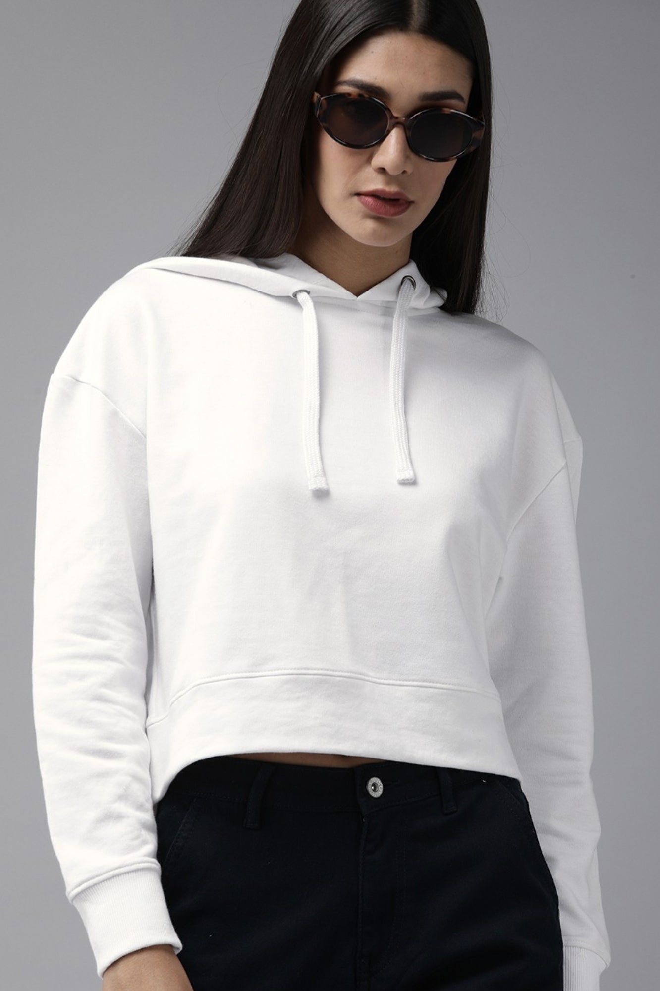 J&JP Women's Full sleeve Cotton Crop Top Hoodie - White