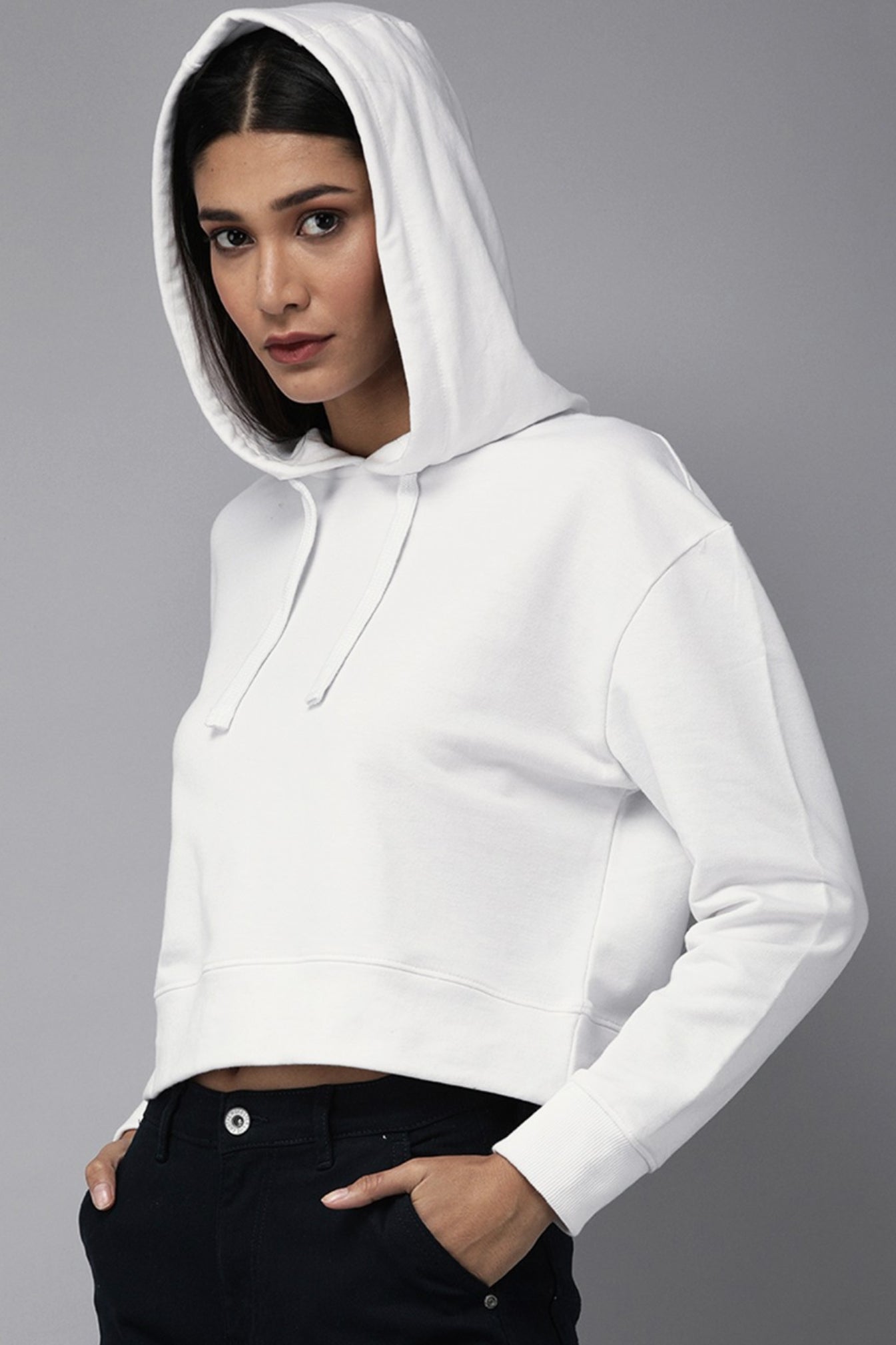 J&JP Women's Full sleeve Cotton Crop Top Hoodie - White