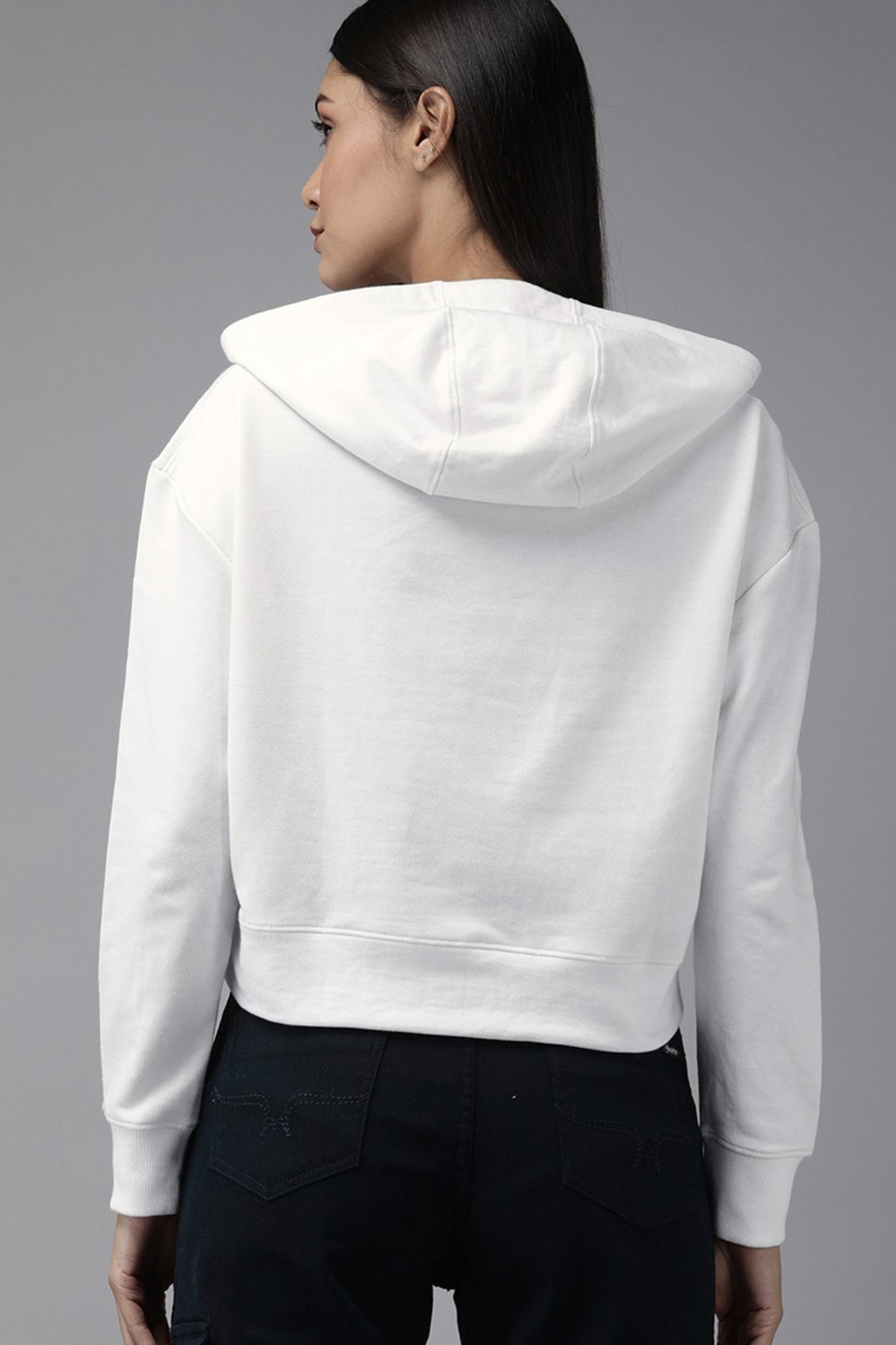 J&JP Women's Full sleeve Cotton Crop Top Hoodie - White