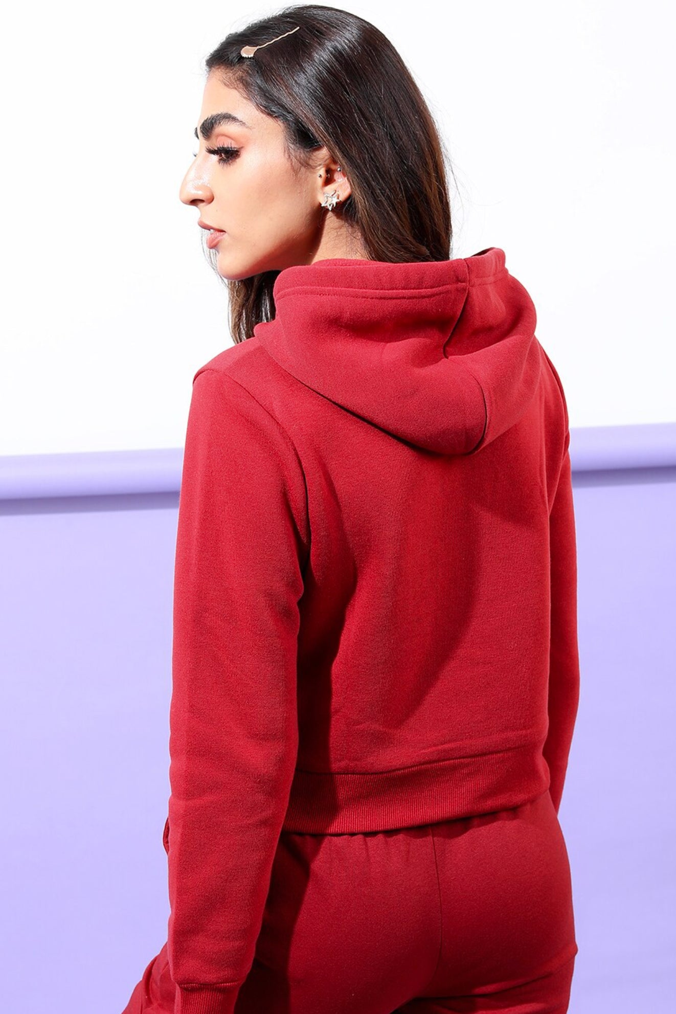 J&JP Women's Full sleeve Cotton Crop Top Hoodie - Red