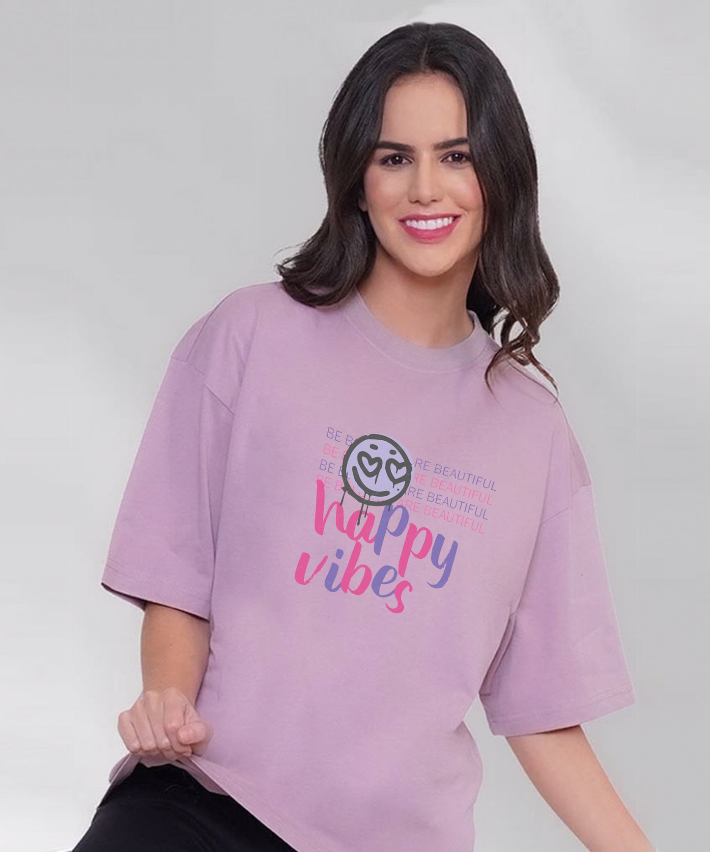 Women Oversized happy vibes printed Tshirt -Violet