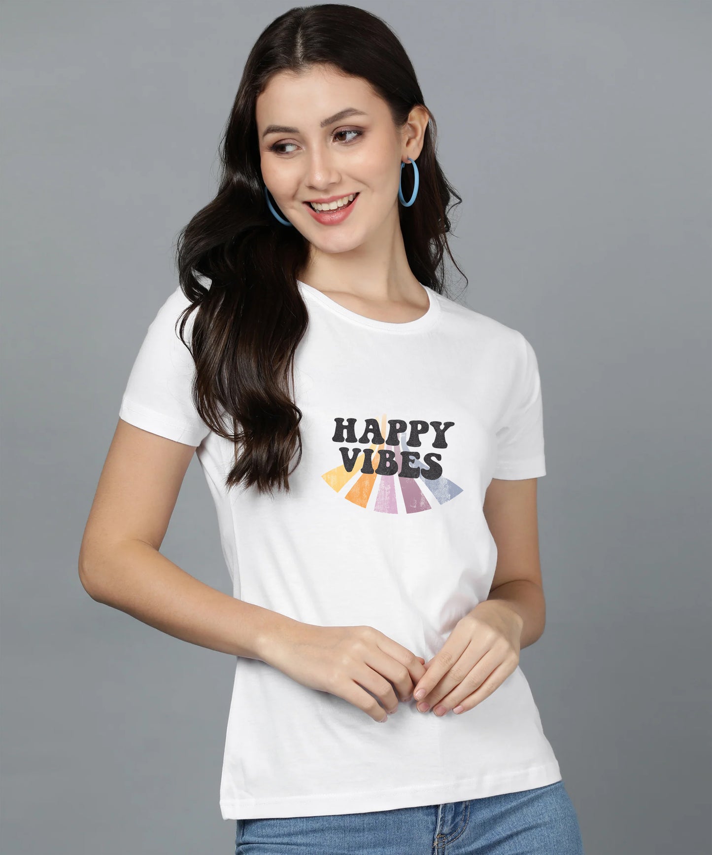 Women happy vibes white tshirt