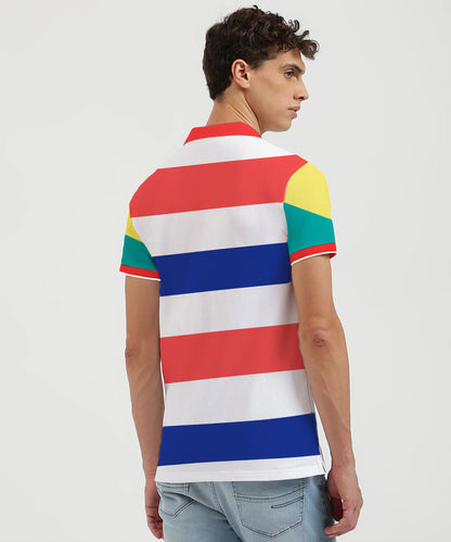 Men Striped Polo Neck Cotton Blend Multi color T-Shirt