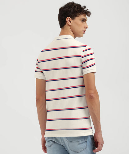 Men Cream Yarn Dyed Striped Pique Polo Tshirt