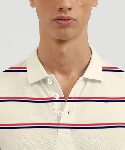 Men Cream Yarn Dyed Striped Pique Polo Tshirt