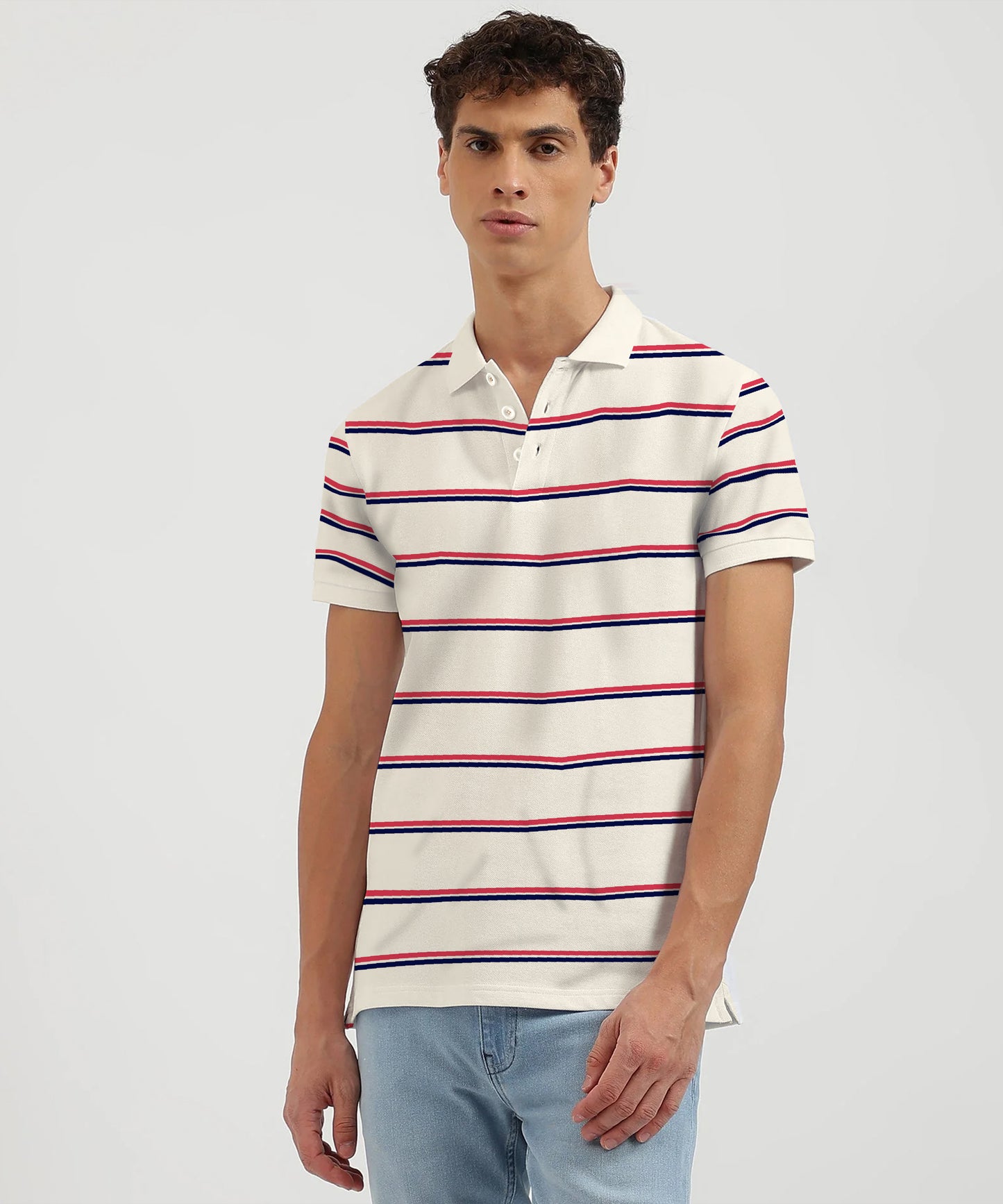 Men Cream Yarn Dyed Striped Pique Polo Tshirt