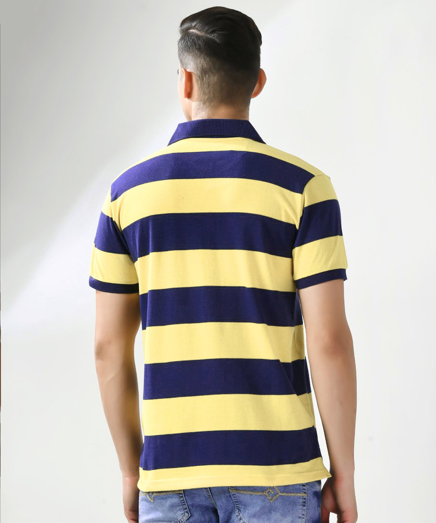 Men Blue Yarn Dyed Striped Pique Polo Tshirt