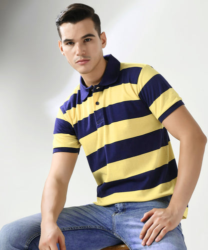 Men Blue Yarn Dyed Striped Pique Polo Tshirt