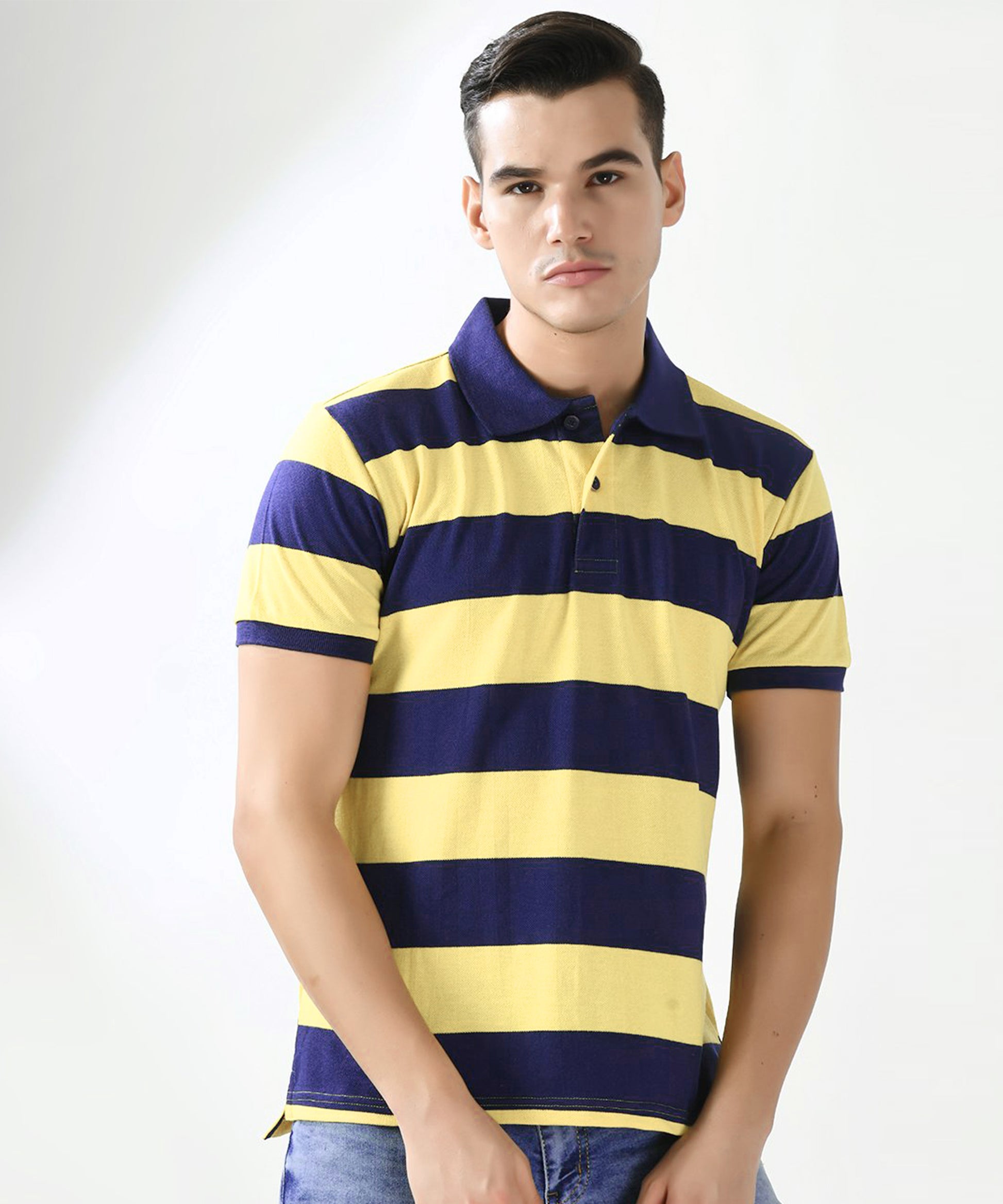 Men Blue Yarn Dyed Striped Pique Polo Tshirt