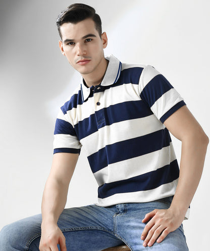 Men white Yarn Dyed Striped Pique Polo Tshirt