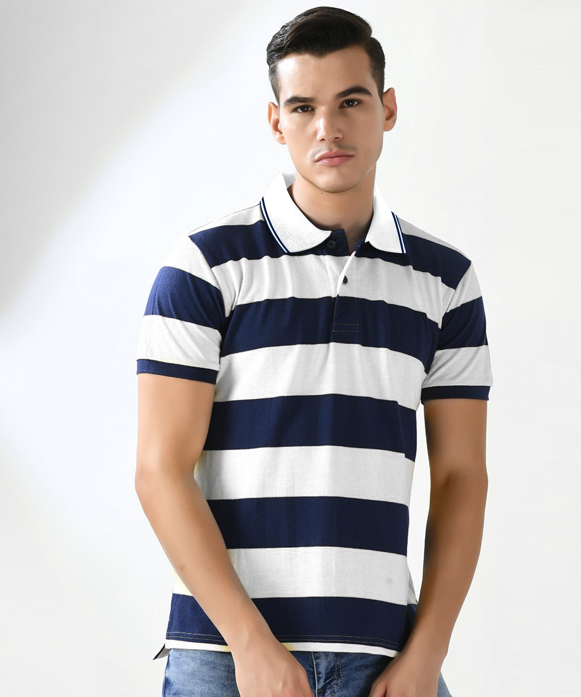 Men white Yarn Dyed Striped Pique Polo Tshirt