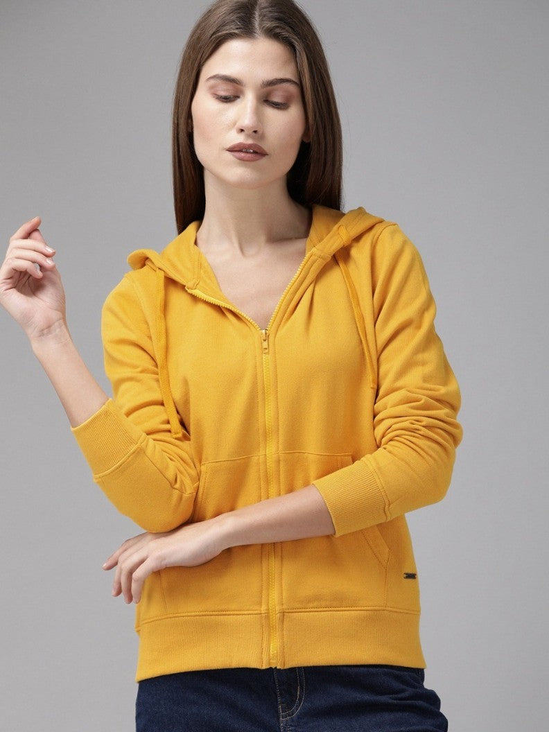 Women Solid Yellow Zipper hoodie