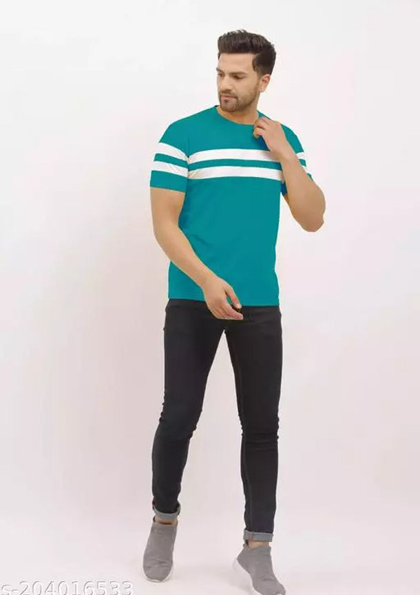 J&JP Men Striped Round Neck Cotton T-shirt - Sky Blue