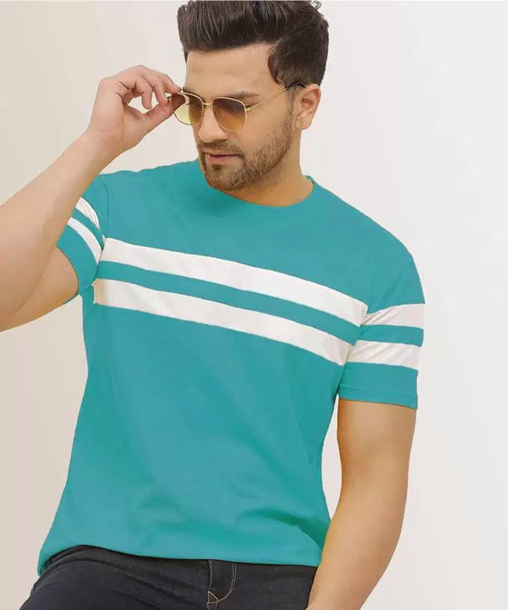 J&JP Men Striped Round Neck Cotton T-shirt - Sky Blue