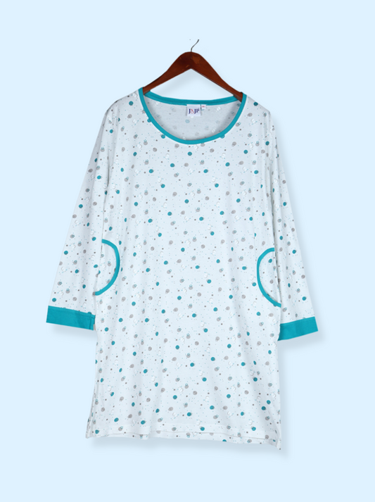 Women White Full sleeve Polka Print Cotton Long T-shirt