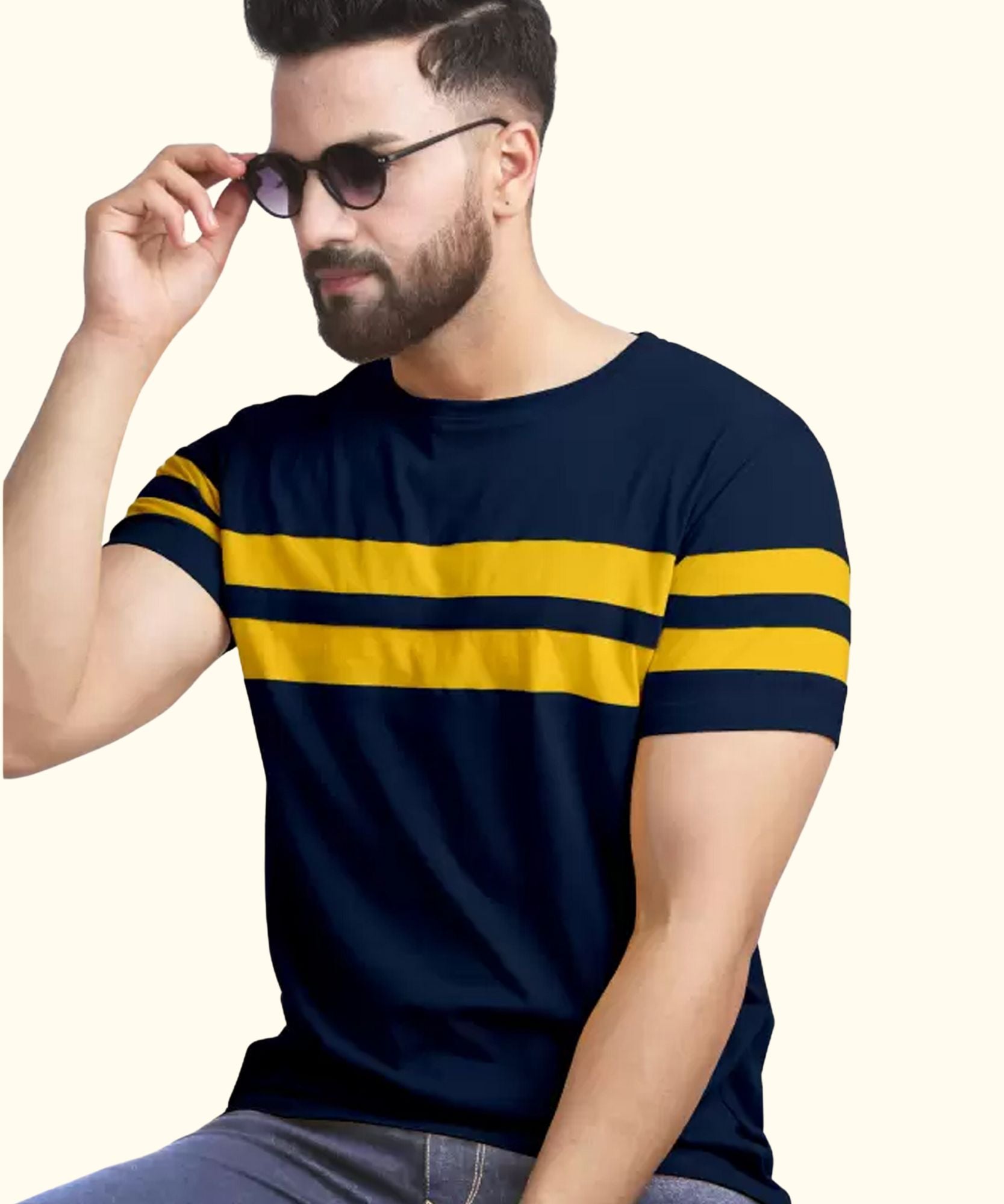 J&JP Men Striped Round Neck Cotton Navy Blue T-Shirt