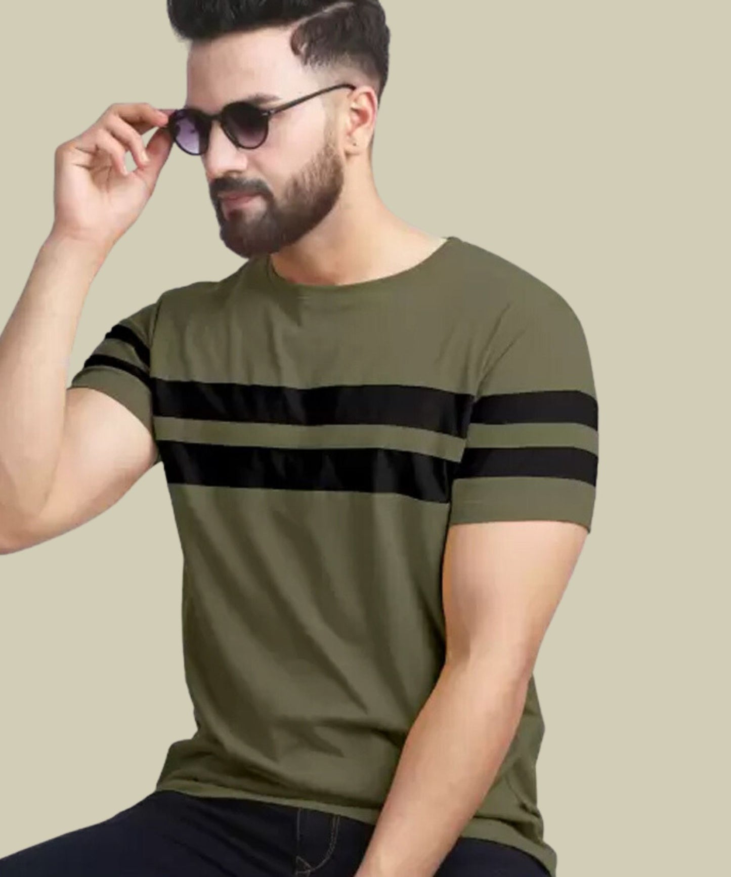 J&JP Men Striped Round Neck Cotton Navy Blue T-Shirt Olive Green