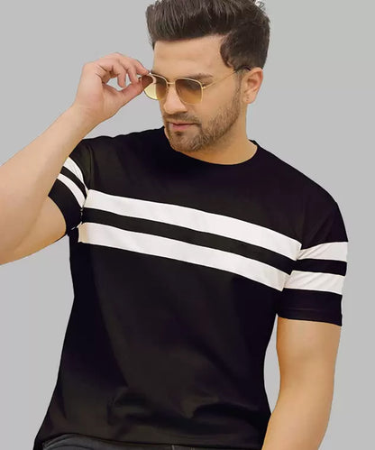 J&JP Men Striped Round Neck Cotton T-shirt - Black