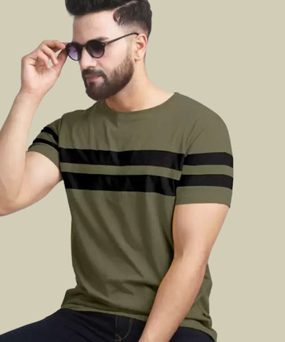 J&JP Men Striped Round Neck Cotton T-shirt - Olive Green