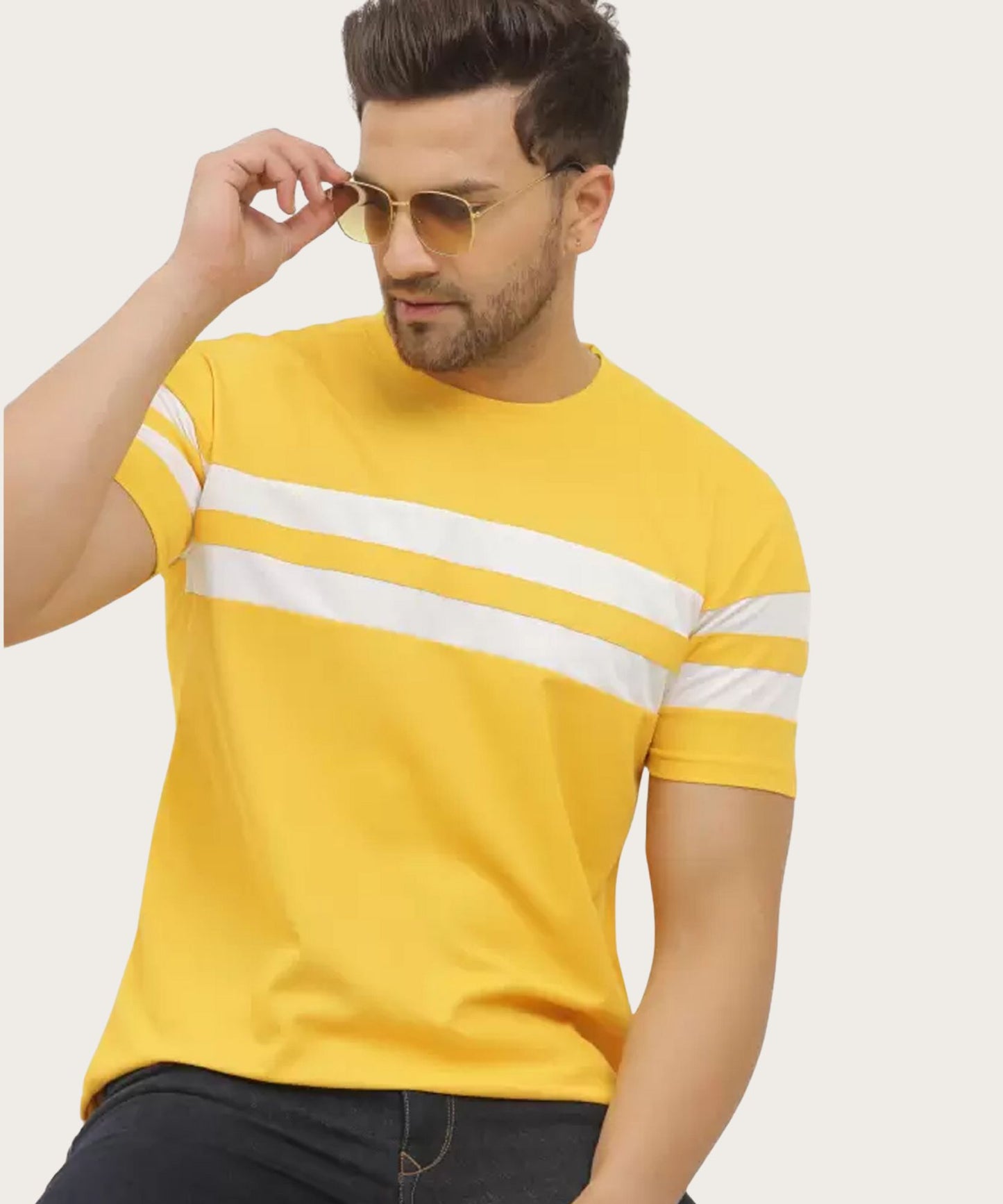 J&JP Men Striped Round Neck Cotton T-shirt - Yellow