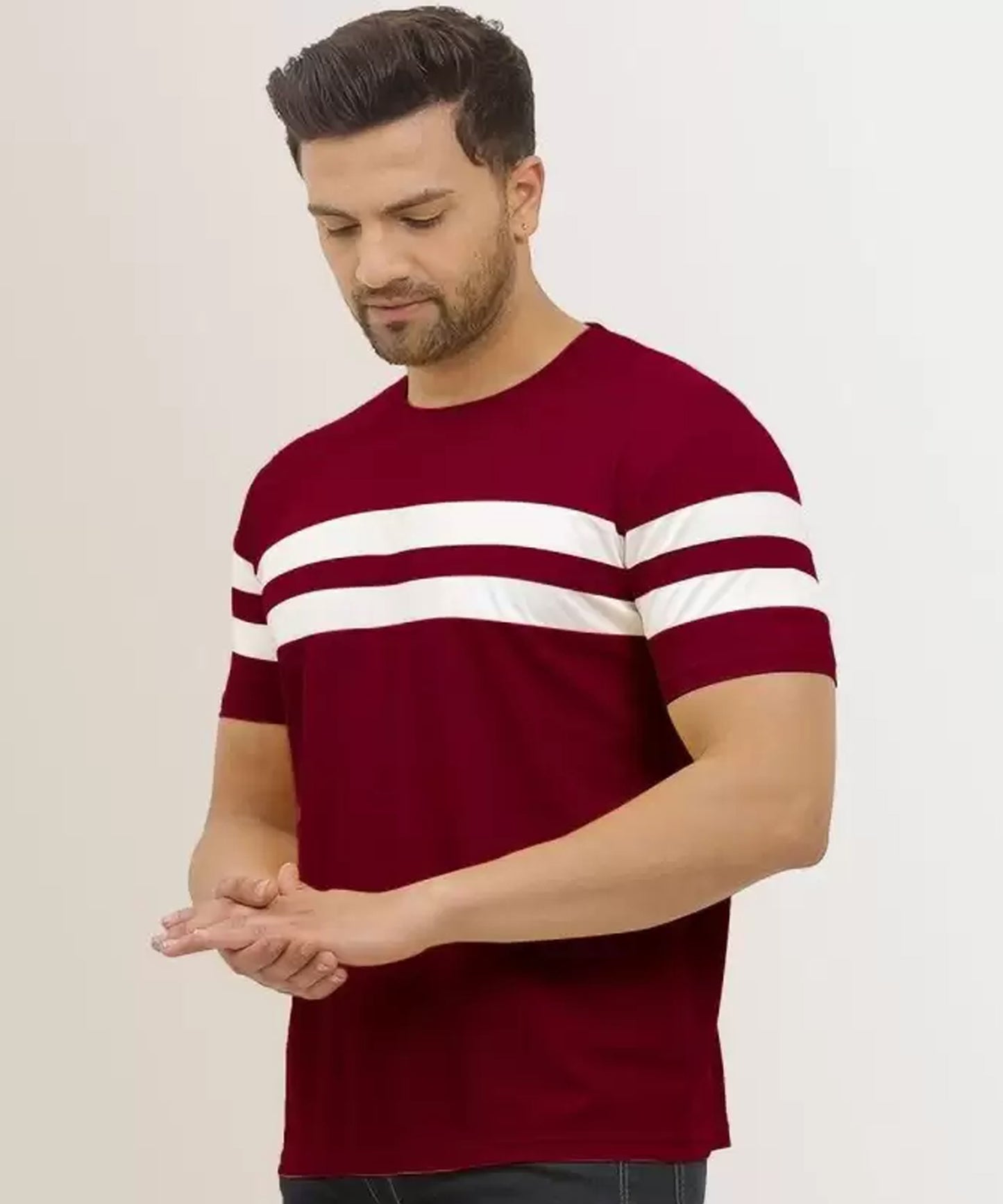 J&JP Men Striped Round Neck Cotton T-shirt - Red